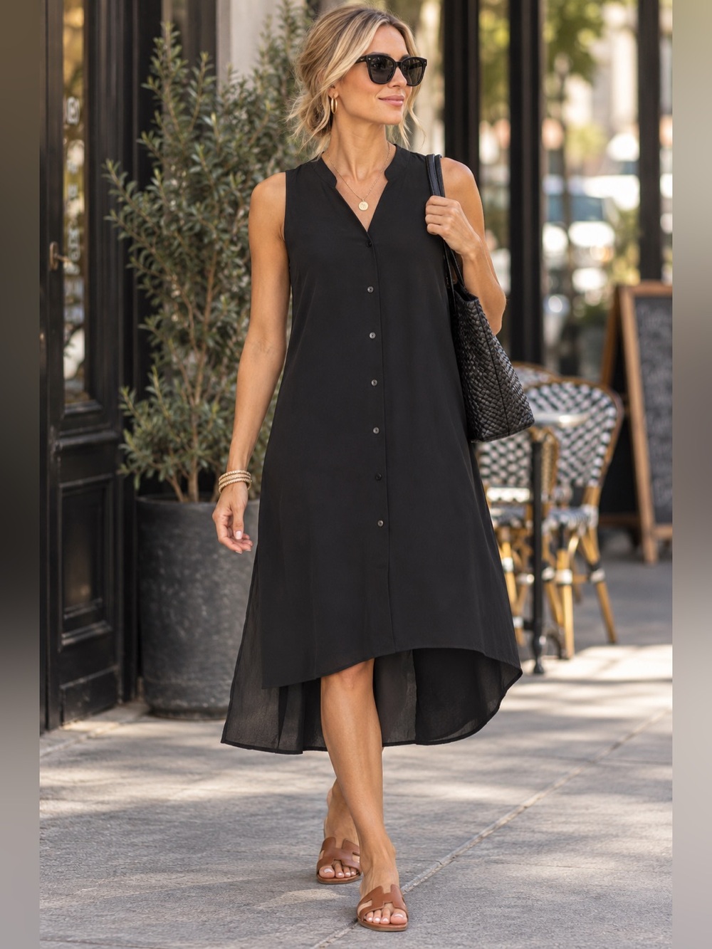 Eileen Fisher 100% Silk Black Button Front Sleeveless Midi Tunic Dress XL